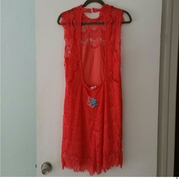 Free People Daydream Bodycon Orange Lace Open back Feminine Coquette Mini Dress - Picture 6 of 8